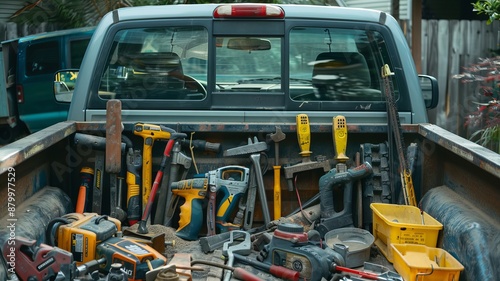 construction tools in bed of truck.