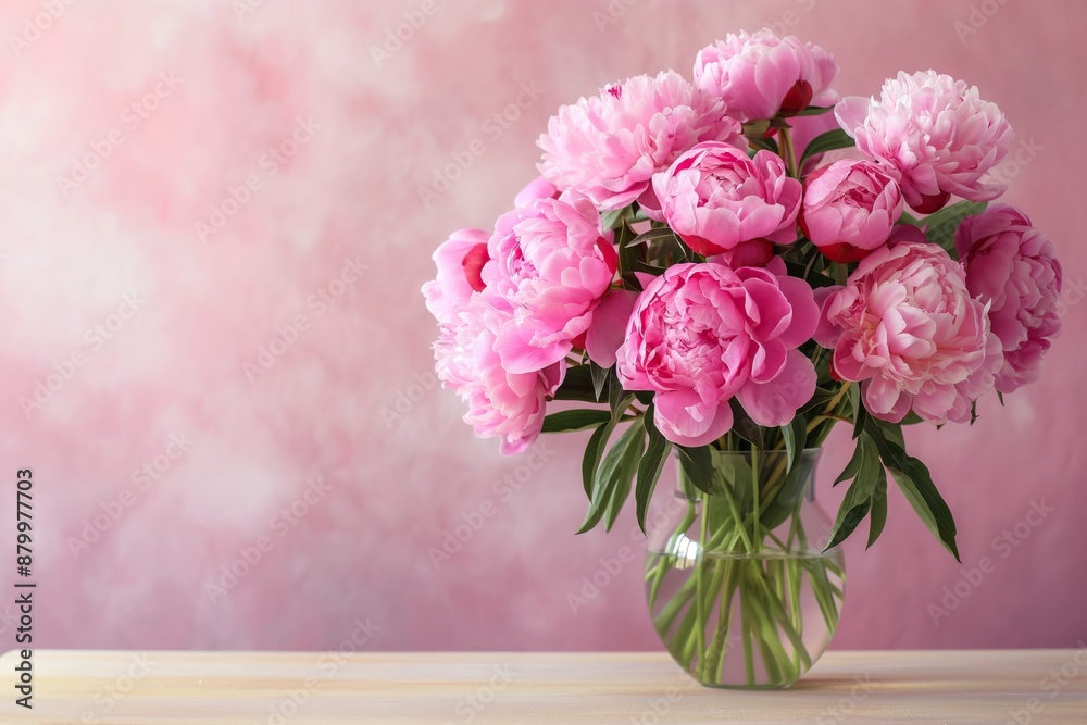 Bouquet of pink peonies in a glass vase on a pink background Bouquet of pink peonies in a glass vase on a pink background