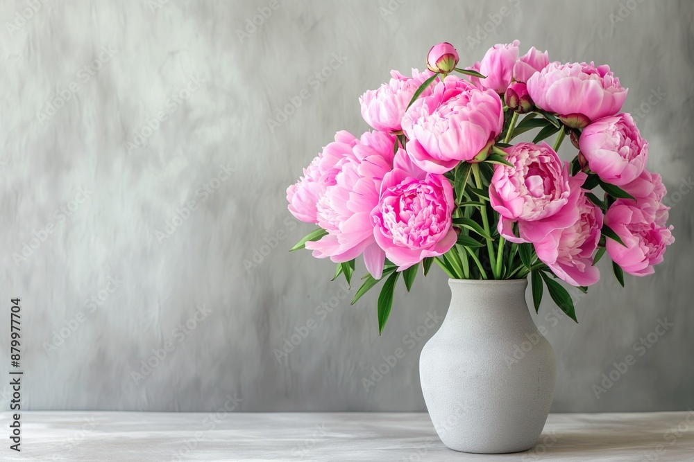 Beautiful peonies in vase on table against grunge background Beautiful peonies in vase on table against grunge background
