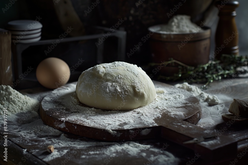 Raw dough on a wooden board with flour and eggs. Dark rustic style. Raw dough on a wooden board with flour and eggs. Dark rustic style.