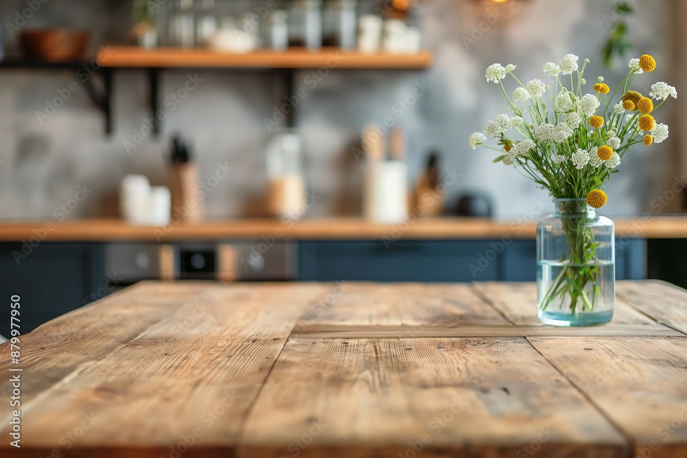 Empty wooden table and blurred background of modern kitchen. Ready for product display montage Empty wooden table and blurred background of modern kitchen. Ready for product display montage