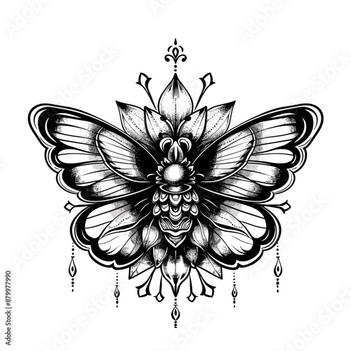 A black and white butterfly with a flower on its wing. The butterfly is surrounded by a pattern of leaves and flowers