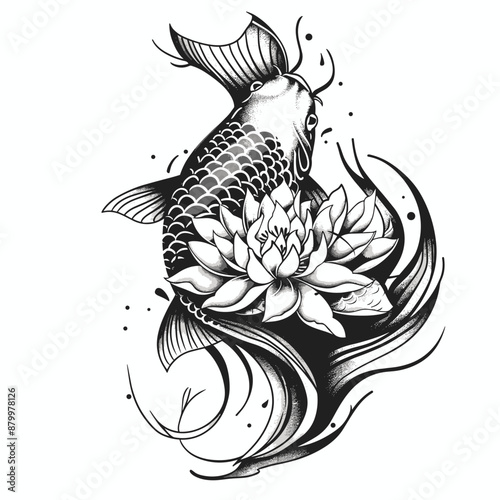 A black and white drawing of a fish and a flower. The drawing has a calm and serene mood, with the fish