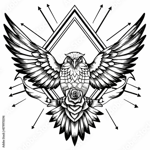 A black and white drawing of a bird with a rose on its wing. The bird is an owl and the rose is a symbol of love and beauty. The drawing has a mysterious and elegant mood