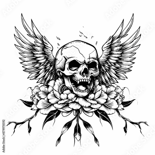 A skull with wings and flowers surrounding it. The skull has a menacing look and the flowers add a touch of beauty to the overall design