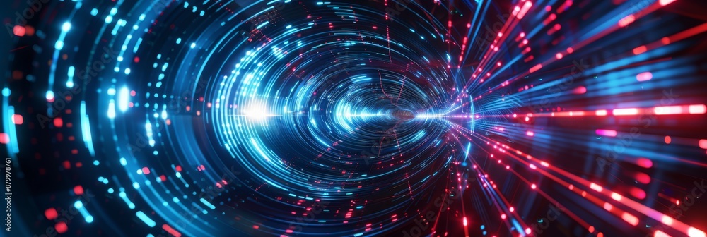 Naklejka premium Dynamic depiction of a neon tunnel with vibrant blue and red lights, illustrating technological progress.