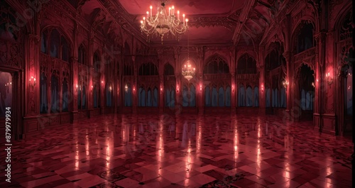 palace interior of room red ballroom and windows at night. elegant mansion gothic baroque castle decor and victorian style. candles and chandelier lighting.