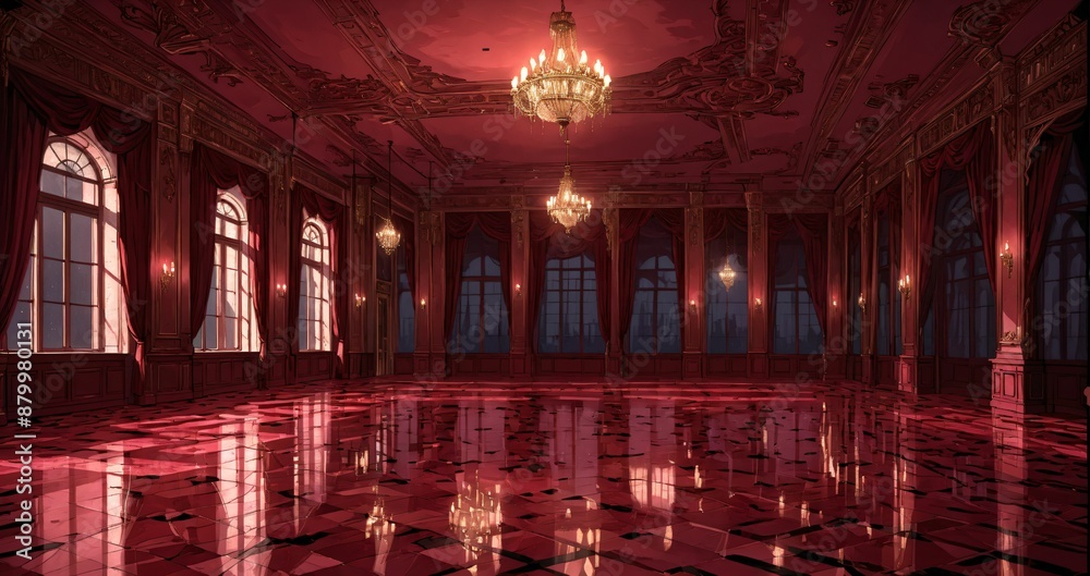 Obraz premium palace interior of room red ballroom sun room with sunlight through windows. elegant mansion gothic baroque castle decor and victorian style. candles and chandelier lighting.