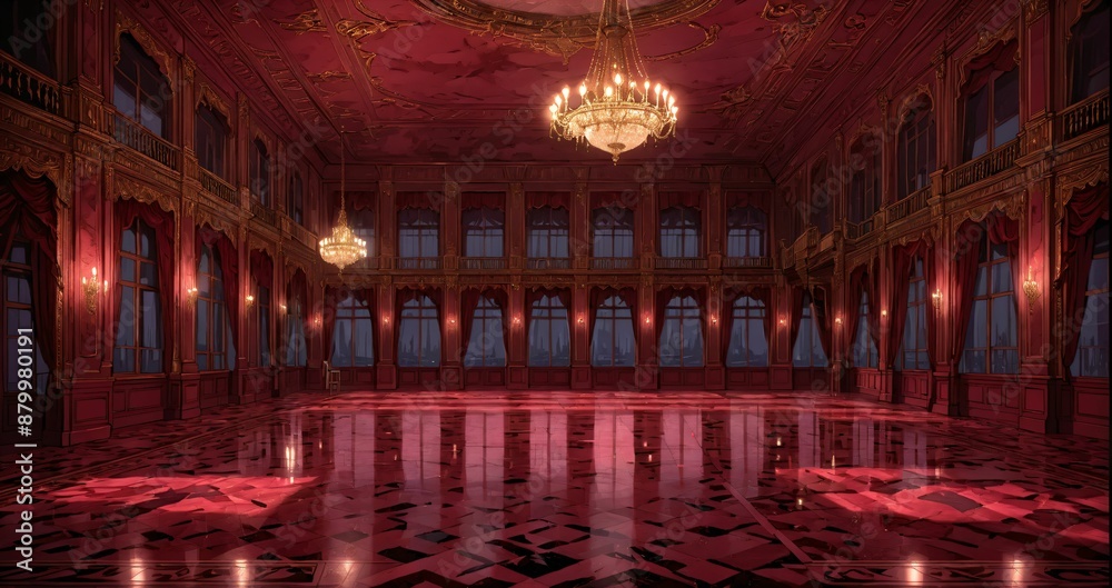 Obraz premium palace interior of room red ballroom and windows at night. elegant mansion gothic baroque castle decor and victorian style. candles and chandelier lighting.