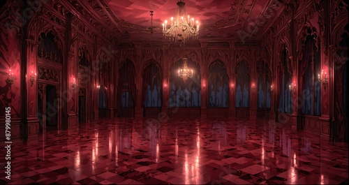palace interior of room red ballroom and windows at night. elegant mansion gothic baroque castle decor and victorian style. candles and chandelier lighting.