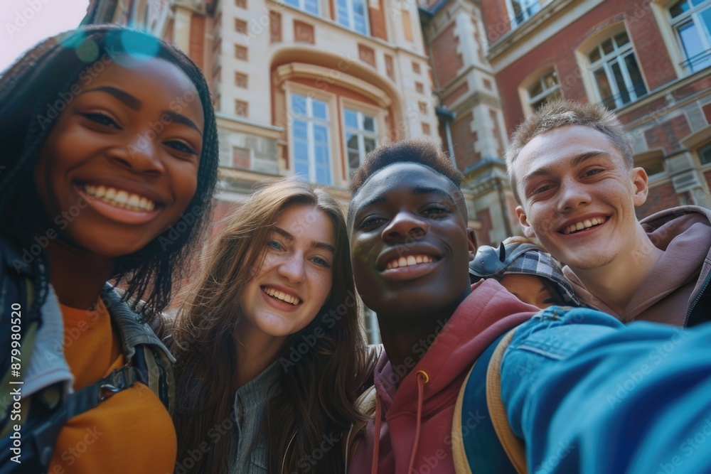 A group of friends posing for a photo in front of a building, great for social media or travel themes A group of friends posing for a photo in front of a building, great for social media or travel themes