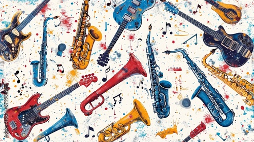 musical instruments illustration, background filled with hand-drawn music instruments such as guitars, saxophones, and trumpets, perfect for music-themed projects photo