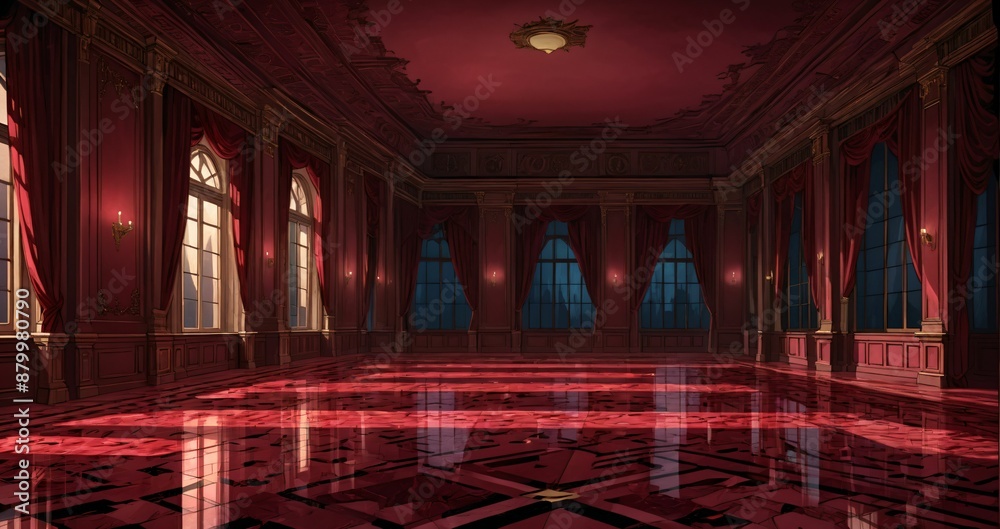 Obraz premium palace interior of room red ballroom sun room with sunlight through windows. elegant mansion gothic baroque castle decor and victorian style. candles and chandelier lighting.