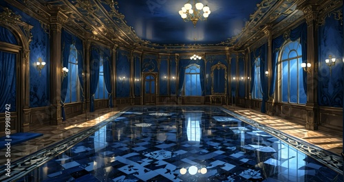 blue lobby room interior of mansion palace hotel building. door walkway art nuevo gothic blue and gold ornamental style with candles and deco symmetrical detailing.