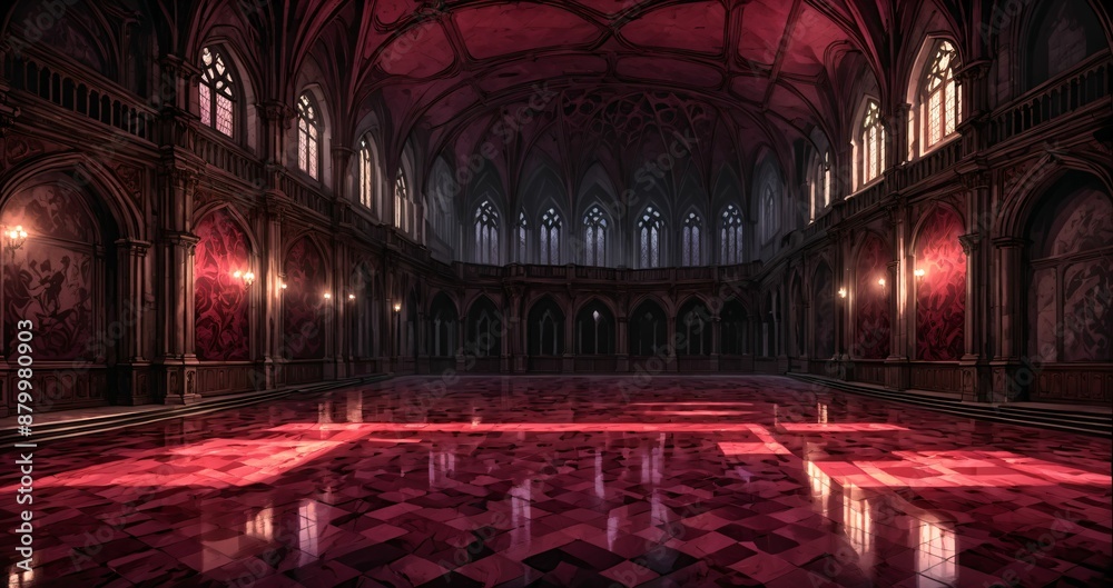 Obraz premium baroque room interior of gothic palace castle mansion with candles dark red embellishments. goth horror ballroom with arches, columns, and pillars.