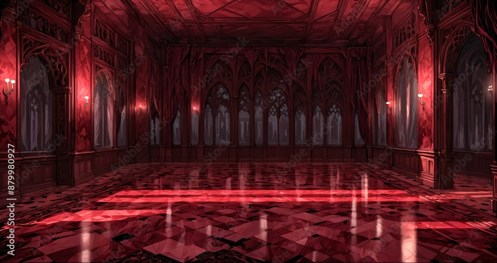 Obraz premium baroque room interior of gothic palace castle mansion with candles dark red embellishments. goth horror ballroom with arches, columns, and pillars.