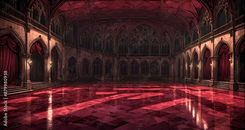 Obraz premium baroque room interior of gothic palace castle mansion with candles dark red embellishments. goth horror ballroom with arches, columns, and pillars.