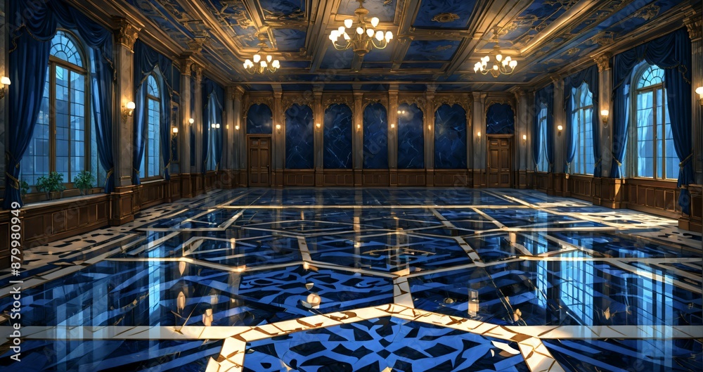 Obraz premium blue lobby room interior of mansion palace hotel building. door walkway art nuevo gothic blue and gold ornamental style with candles and deco symmetrical detailing.