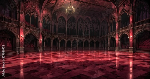 baroque room interior of gothic palace castle mansion with candles dark red embellishments. goth horror ballroom with arches, columns, and pillars.