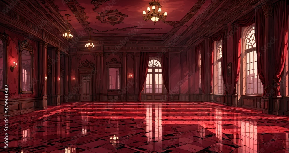 palace interior of room red ballroom sun room with sunlight through windows. elegant mansion gothic baroque castle decor and victorian style. candles and chandelier lighting. palace interior of room red ballroom sun room with sunlight through windows. elegant mansion gothic baroque castle decor and victorian style. candles and chandelier lighting.