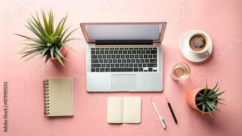 modern header / hero image or banner with laptop computer, smartphone, air plant, open notebook and feminine accessories on a bright blush background, home office scene, flat lay / top view © Matan