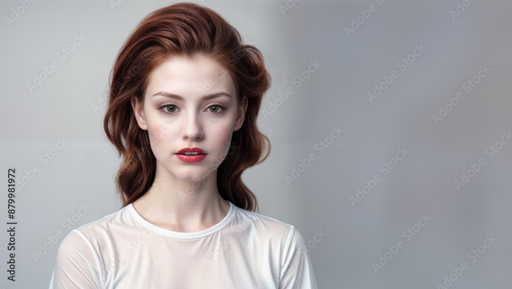 A beautiful young female model with pale skin and swept red hair. Flawless complexion. Skin care and cosmetics. Isolated against a light gray background. Copy space. A beautiful young female model with pale skin and swept red hair. Flawless complexion. Skin care and cosmetics. Isolated against a light gray background. Copy space.