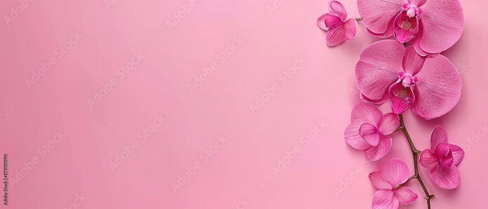 A pink orchid branch against a pink background, with space for text or an image to insert A pink orchid branch against a pink background, with space for text or an image to insert