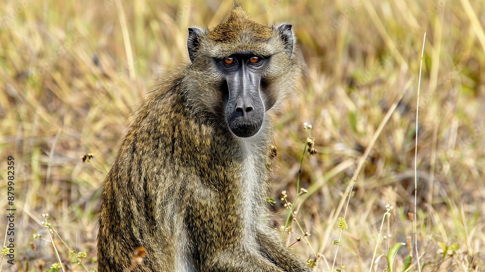 Baboon facing camera with serious expression, surrounded by tall grass, close-up photo Baboon facing camera with serious expression, surrounded by tall grass, close-up photo