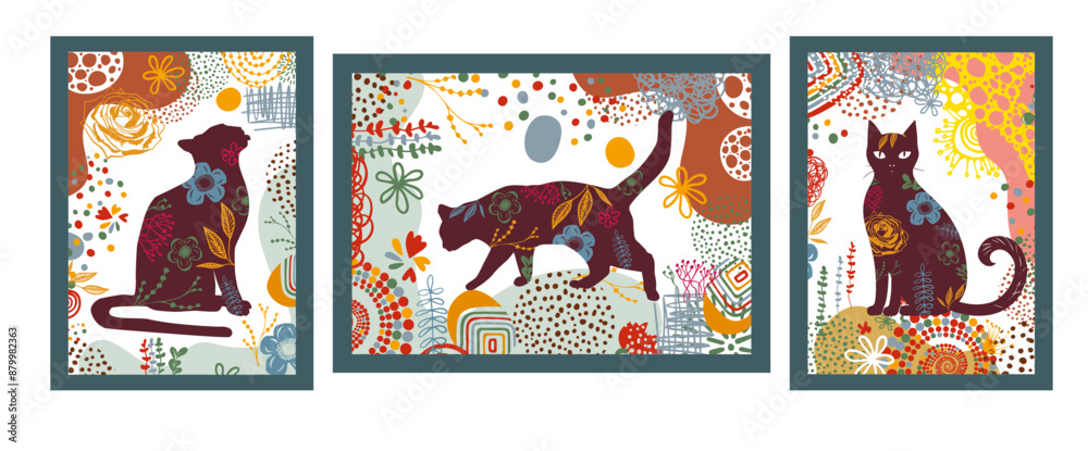 Fototapeta premium Floral Cat Silhouette, Silhouette of cats made of flowers. hand drawing. Posters for the interior. Postcards for pet lovers. Not AI, Vector illustration.