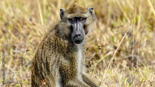   Baboon facing camera with serious expression, surrounded by tall grass, close-up photo