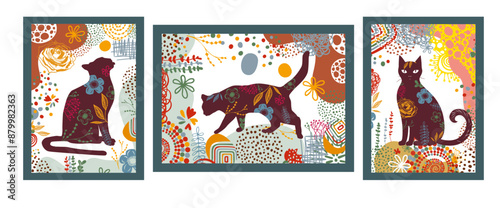 Floral Cat Silhouette, Silhouette of cats made of flowers. hand drawing. Posters for the interior. Postcards for pet lovers. Not AI, Vector illustration.