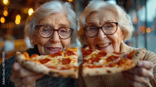 Two older women sit at a wooden table in a cosily lit restaurant and enjoy large pizzas together. The atmosphere indicates an informal lunch with friends