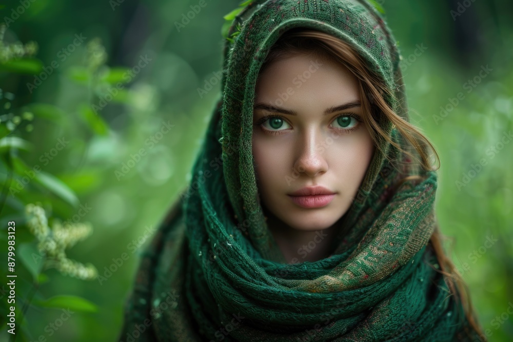 A woman wearing a green scarf is standing in a dense forest, surrounded by trees and foliage A woman wearing a green scarf is standing in a dense forest, surrounded by trees and foliage
