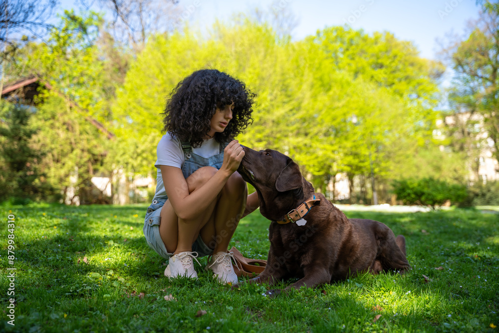 Curly-haired young woman playing with her dog in the park Curly-haired young woman playing with her dog in the park
