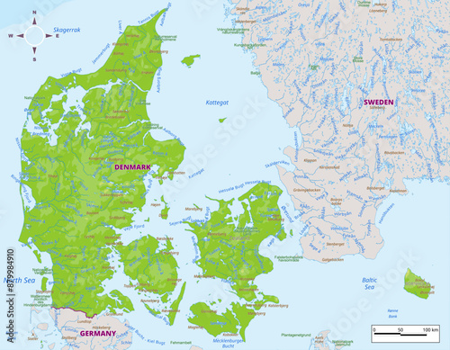 Denmark physical map with national borders, rivers and lakes, mountains, parks, labeling
