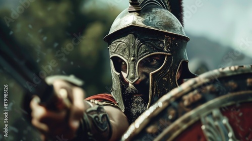 A person wearing a helmet holds a sword in a close-up shot photo