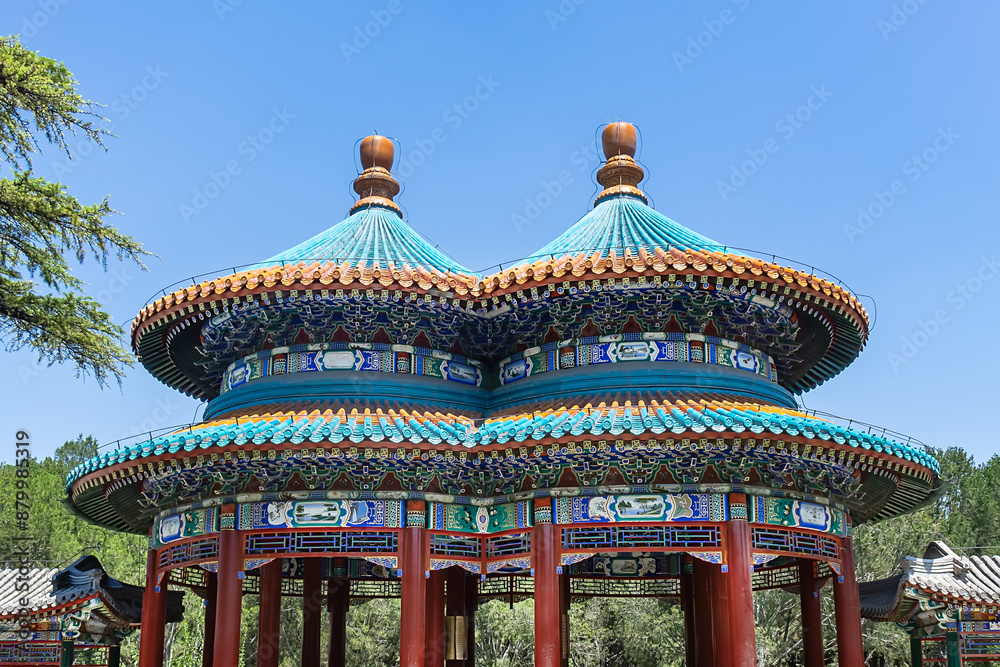 Obraz premium Amazing Temple of Heaven (1420) - complex of imperial religious buildings. Architectural details of Double-ring shaped longevity Pavilion. Beijing China.