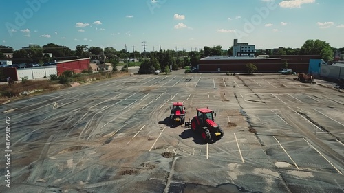 Tractors paving a parking lot. drone shot