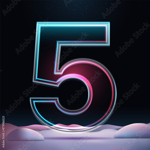 3D glass number 5 with neon light insight. Big relistic symbol with sparkles and winter background. Futuristic holiday decoration. Element for design poster, advertisign or game