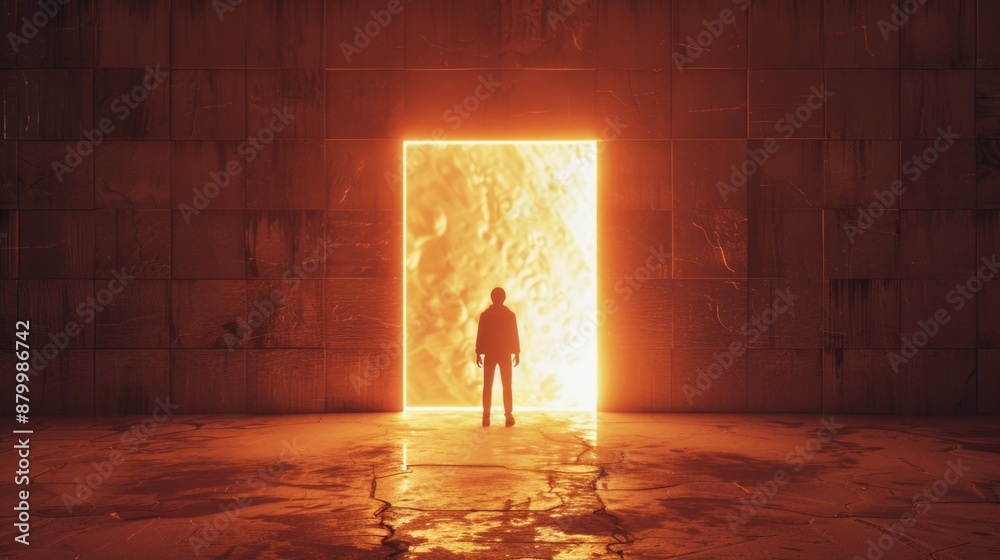 Man stands in front of large, glowing doorway Man stands in front of large, glowing doorway