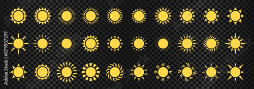 sun icon set. sun vector. sunshine icon set. sunlight effect. yellow sun symbol. sunshine vector sign collection. transparent background. heat. circle pattern. vector illustration.