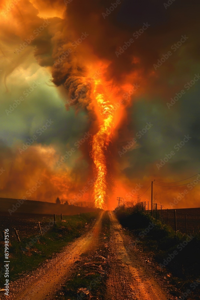 Naklejka premium Fire tornado is seen in distance, with smoke