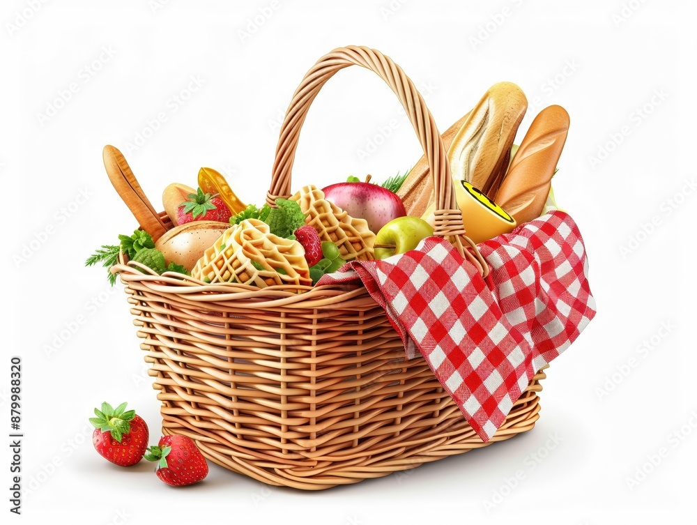 a picnic basket with assorted snacks, outdoor dining, photorealistic, multicolored, isolated on white background a picnic basket with assorted snacks, outdoor dining, photorealistic, multicolored, isolated on white background
