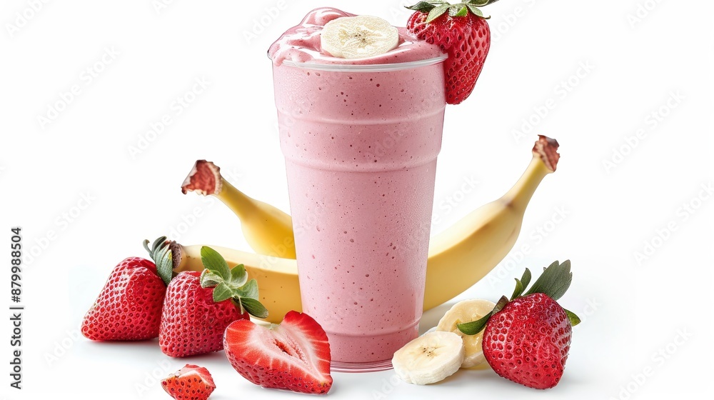 a strawberry banana smoothie in a glass, refreshing drink, detailed rendering, pink, isolated on white background a strawberry banana smoothie in a glass, refreshing drink, detailed rendering, pink, isolated on white background