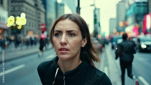 Close up of a young Caucasian woman as she jogs with her hair bouncing and flowing in the breeze through the city.
