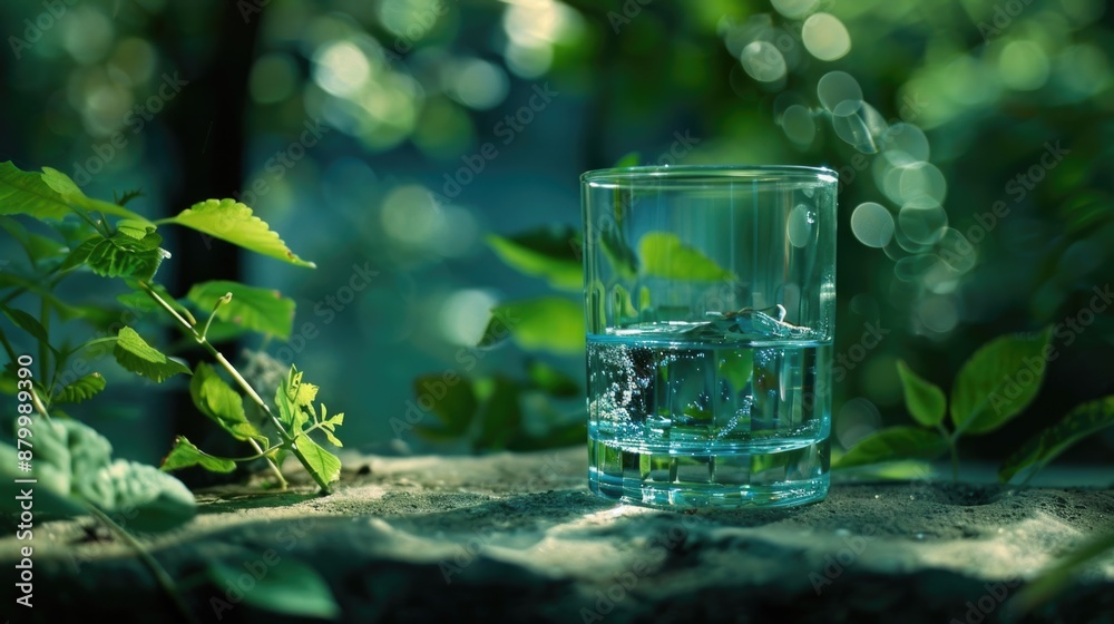 Glass of water is sitting on rock in lush green forest Glass of water is sitting on rock in lush green forest