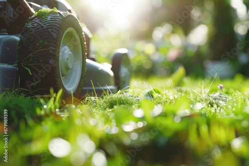 Lawn mower is sitting in lush green field