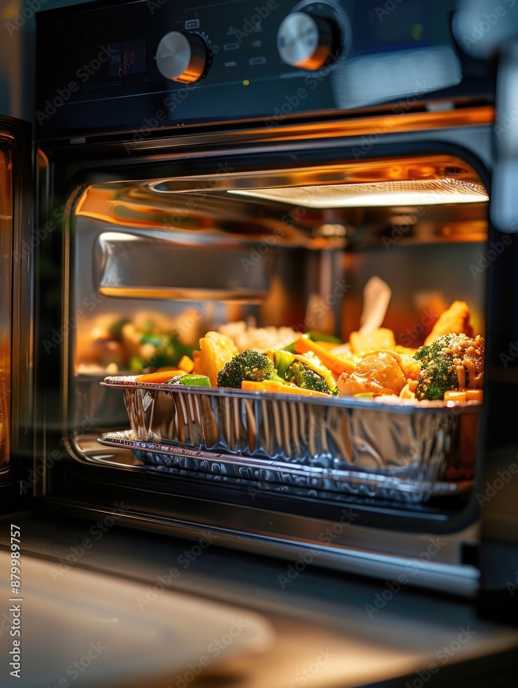 Microwave oven is open to reveal tray of food, including broccoli Microwave oven is open to reveal tray of food, including broccoli