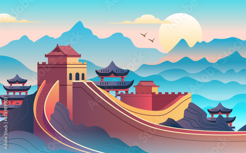 Great Wall of China travel destination vibrant landscape with mountains pagodas and sunrise