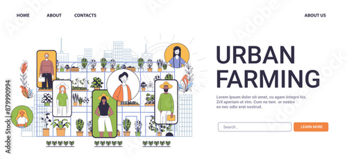 Urban farming concept illustration showcasing diverse people plants and cityscape background website design minimalistic thin line